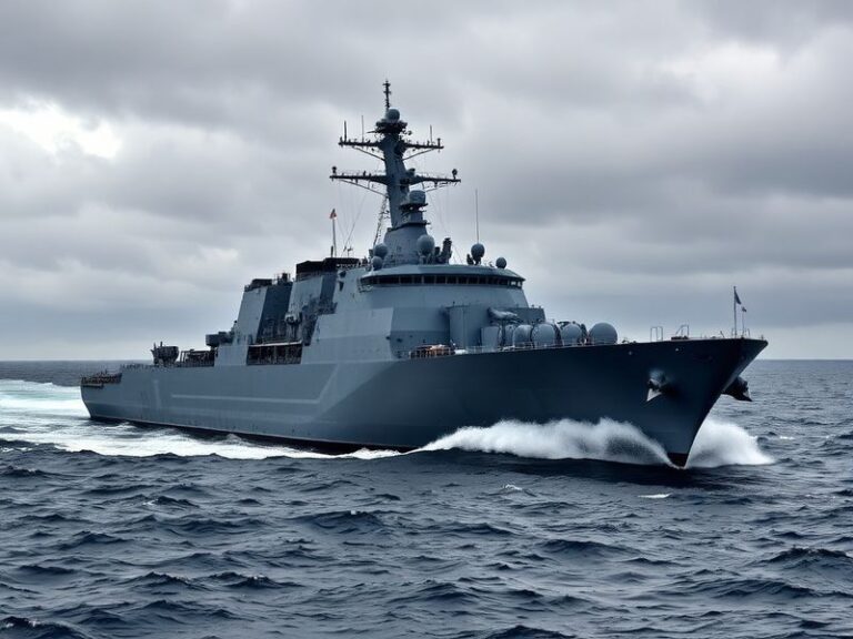 A dramatic depiction of a Royal Navy aircraft carrier sailing through rough seas under a stormy sky, with modern destroyers a