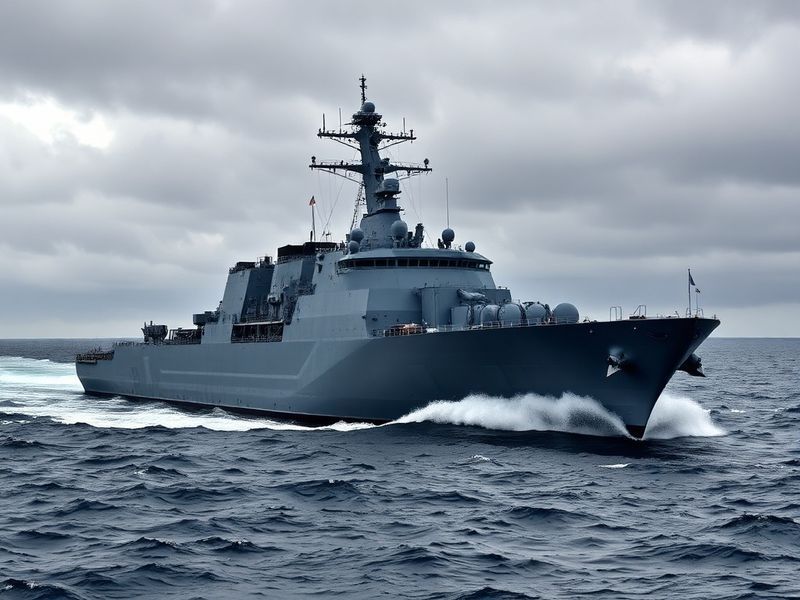 A dramatic depiction of a Royal Navy aircraft carrier sailing through rough seas under a stormy sky, with modern destroyers a
