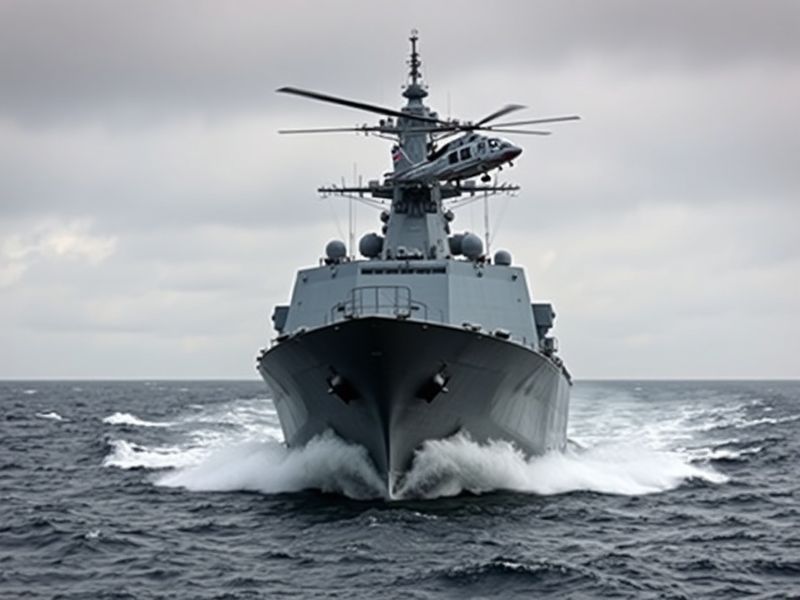 A modern Royal Navy aircraft carrier, HMS Queen Elizabeth, sailing in open waters with a Type 45 destroyer in escort, under a