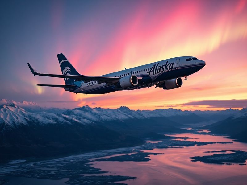 A modern Alaska Airlines aircraft on the tarmac at an airport, with passengers boarding in the background. The scene captures