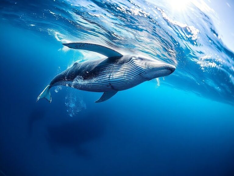 A humpback whale breaching in clear blue ocean water, with its massive body arched mid-air and pectoral fins visible. The wha