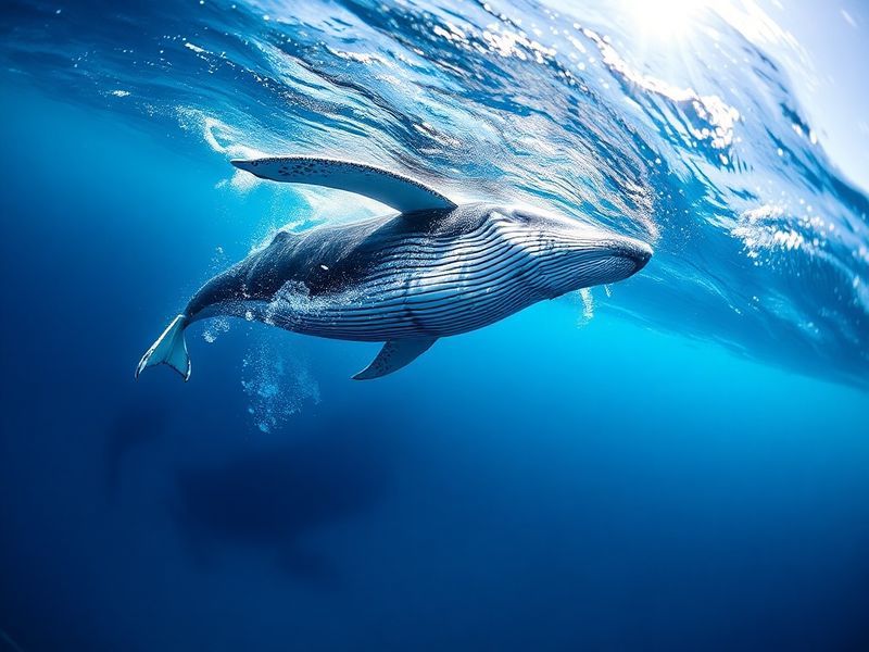 A humpback whale breaching in clear blue ocean water, with its massive body arched mid-air and pectoral fins visible. The wha
