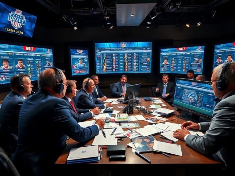 A split-screen image showing a football stadium filled with fans, juxtaposed with a close-up of a draft war room with analyst