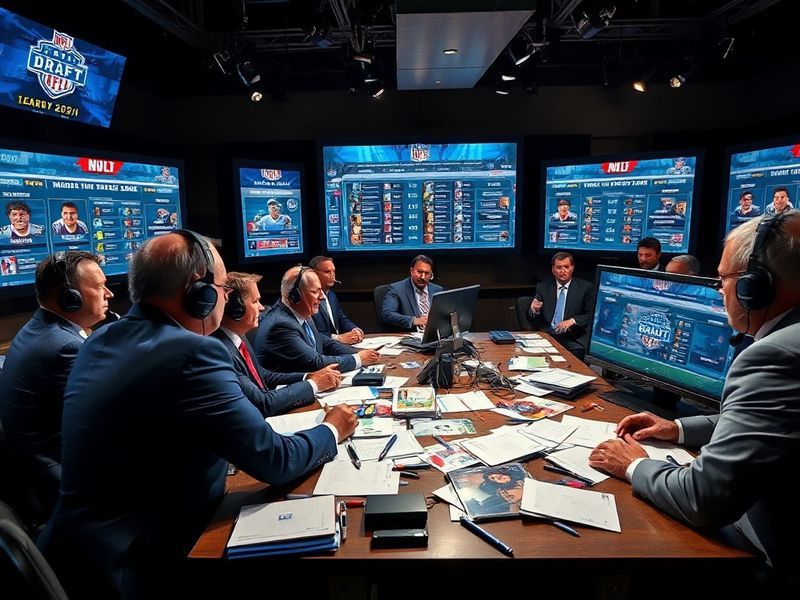 A split-screen image showing a football stadium filled with fans, juxtaposed with a close-up of a draft war room with analyst