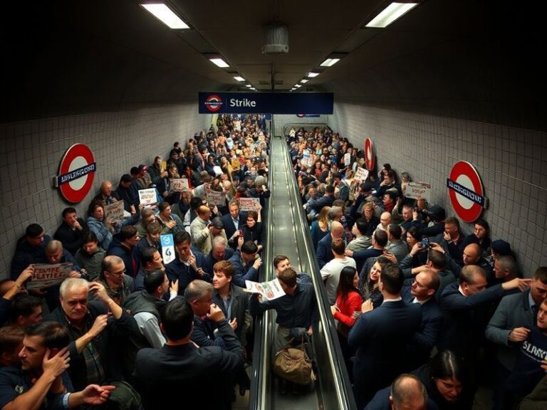 A crowded London Underground platform during a strike, with empty tracks and frustrated commuters checking their phones for u