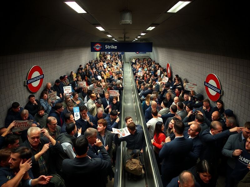 A crowded London Underground platform during a strike, with empty tracks and frustrated commuters checking their phones for u