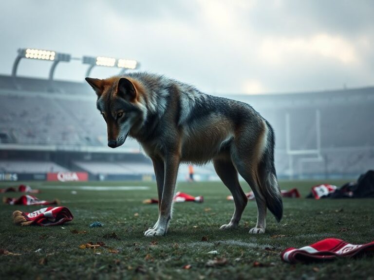 A dramatic shot of Molineux Stadium during a Wolves match, with empty seats and a somber mood. The stands are half-empty, and