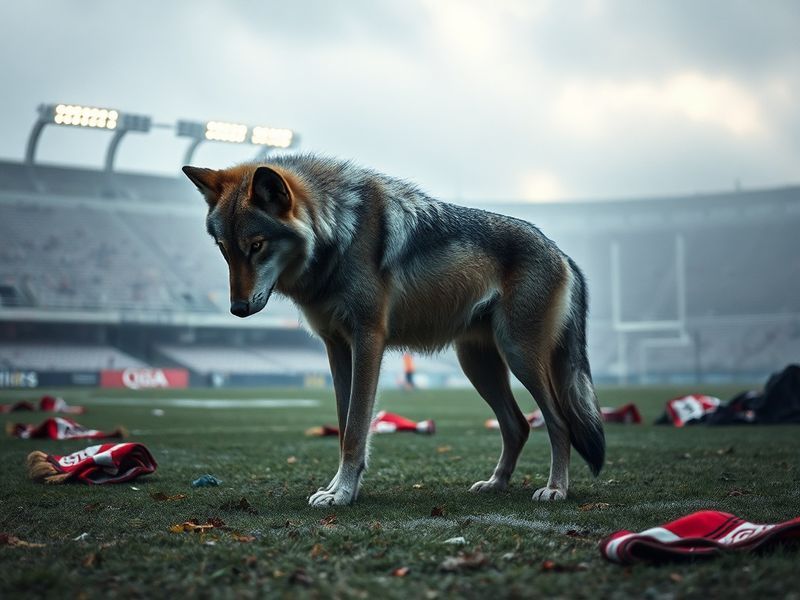 A dramatic shot of Molineux Stadium during a Wolves match, with empty seats and a somber mood. The stands are half-empty, and