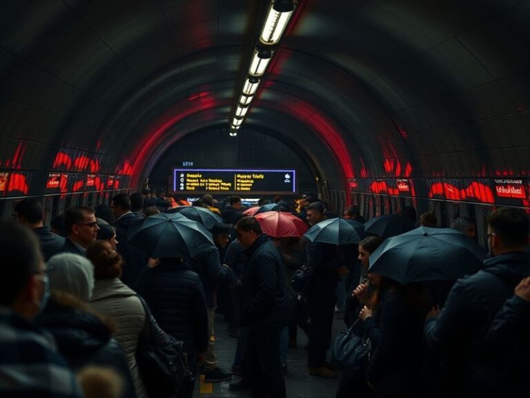 A bustling London Underground station platform with a 'Strike' sign prominently displayed, showing frustrated commuters and e