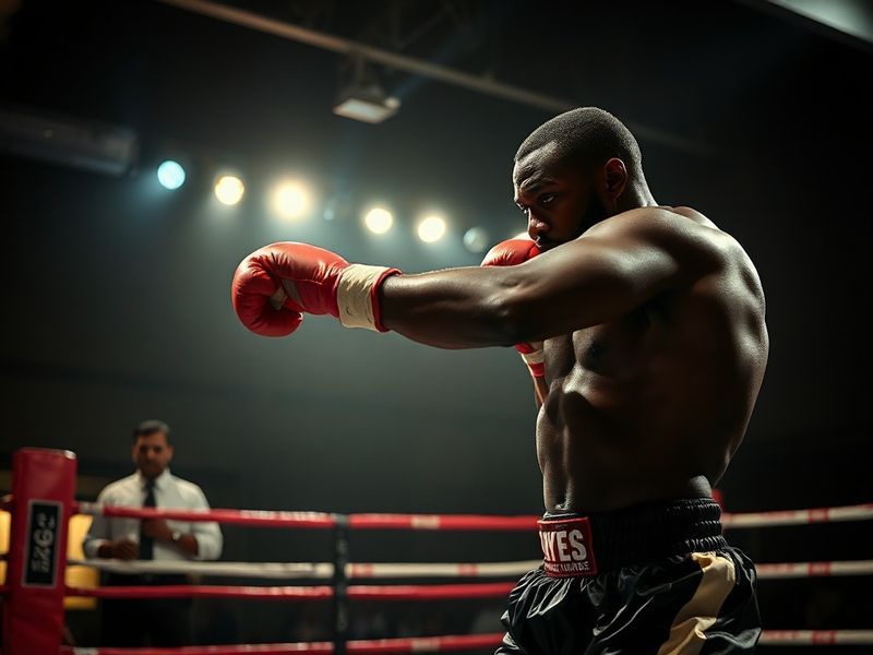 A dynamic action shot of Lawrence Okolie mid-fight, showcasing his powerful stance and intense focus in the boxing ring. The
