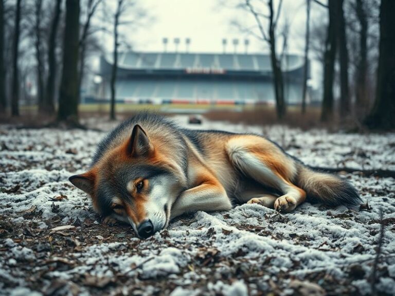 A somber Wolves team in action, with fans in the stands holding scarves and banners, capturing the emotion of relegation.