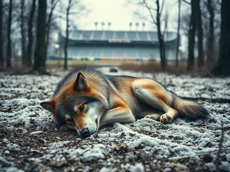 A somber Wolves team in action, with fans in the stands holding scarves and banners, capturing the emotion of relegation.