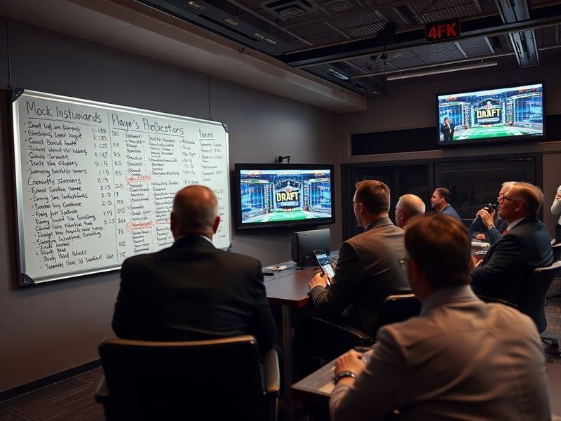 A split-screen image showing an NFL draft war room with analysts reviewing mock draft boards alongside a fan watching the dra