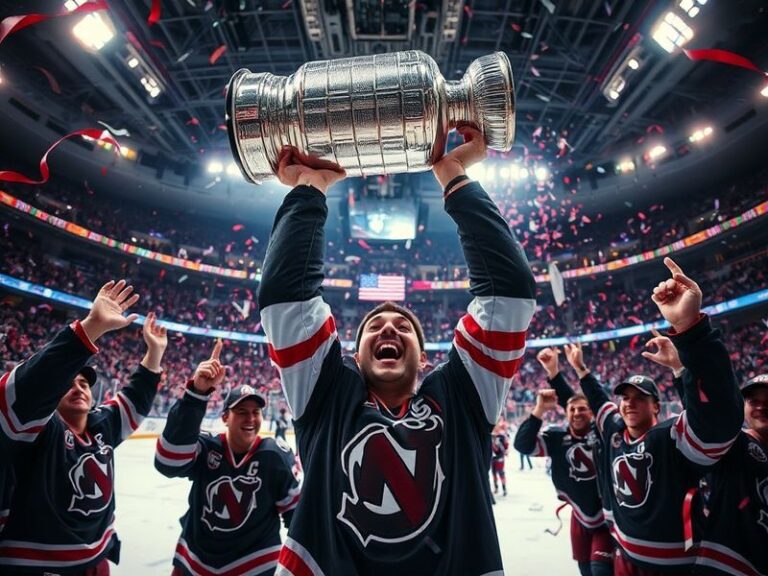 A close-up shot of the Stanley Cup on display, showcasing its engraved names and gleaming silver surface, with a blurred hock