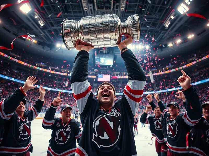 A close-up shot of the Stanley Cup on display, showcasing its engraved names and gleaming silver surface, with a blurred hock