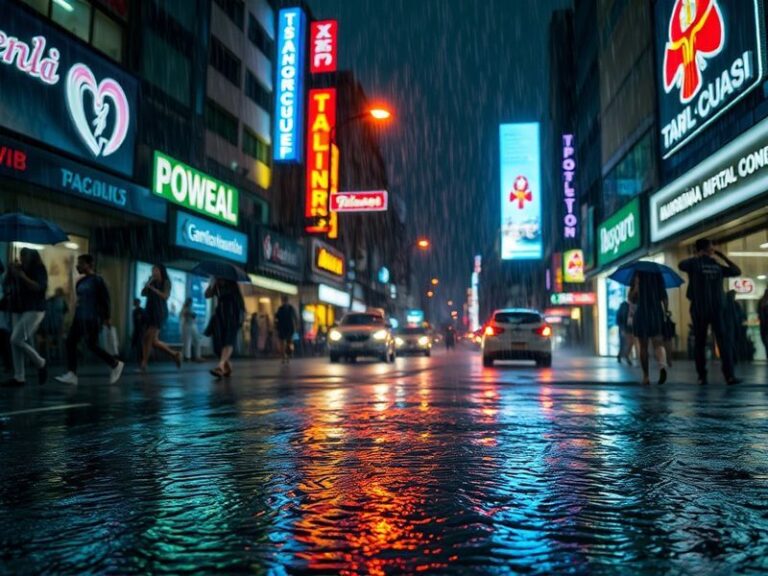 A serene landscape with rain falling over a lush forest, featuring a mix of vibrant greenery and dramatic storm clouds. The s