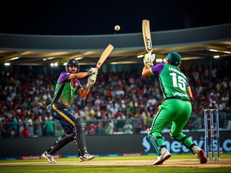 A vibrant cricket stadium scene at night, with Lahore Qalandars and Quetta Gladiators players shaking hands under bright floo