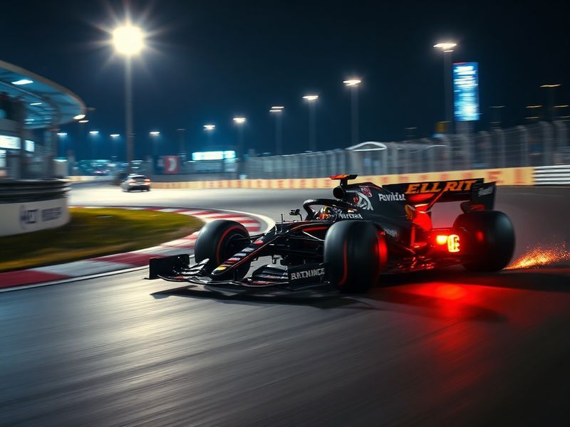 A dynamic shot of an F1 car navigating a high-speed corner at sunset, with visible aerodynamic elements like the front wing a