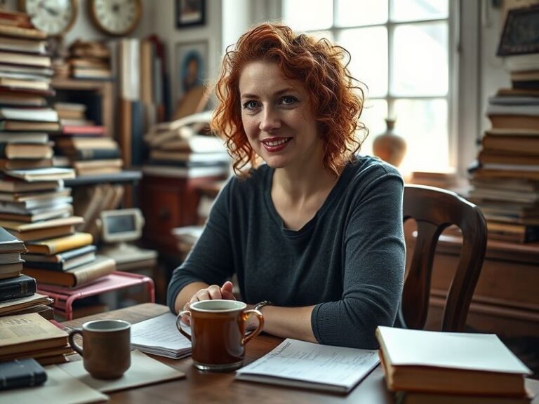A vibrant studio scene showing Charlotte MacInnes painting an abstract landscape with bold colors, surrounded by sketches and