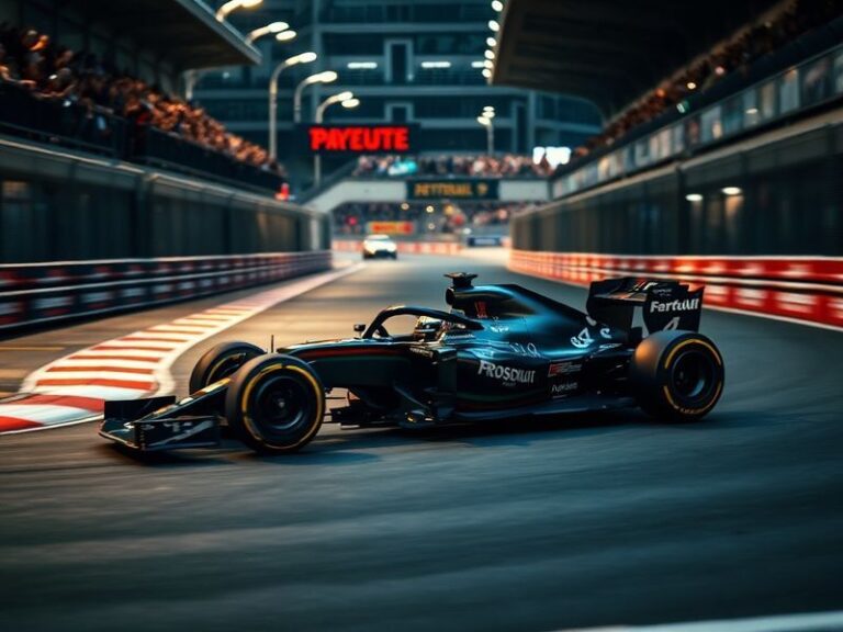A dynamic Formula 1 race scene at dusk, featuring multiple cars battling on a high-speed circuit with neon-lit energy, surrou