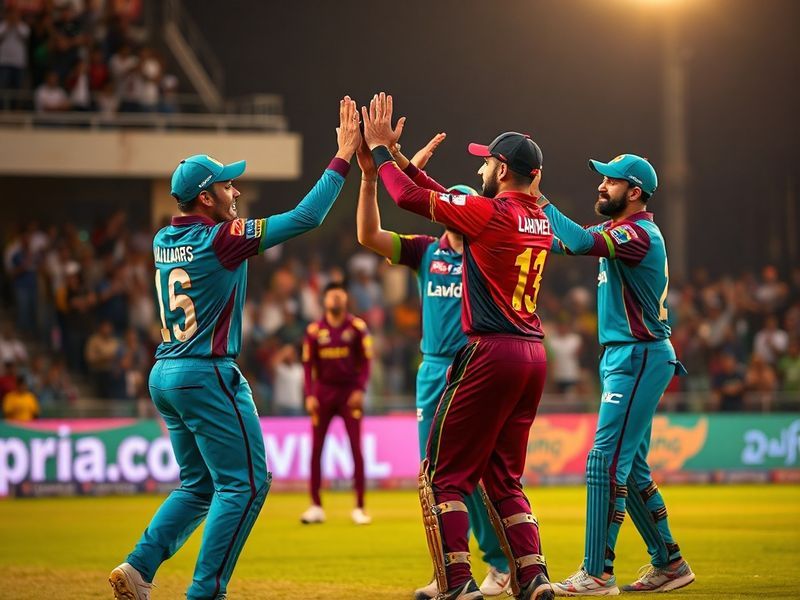 A vibrant cricket stadium packed with fans, featuring Lahore Qalandars' red and Quetta Gladiators' blue jerseys in sharp cont