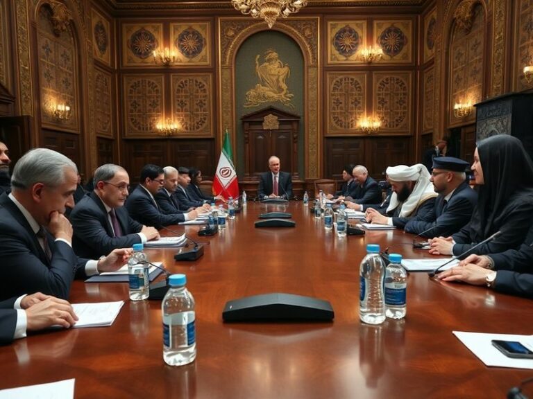 A high-level diplomatic meeting with representatives from Iran, the U.S., and European Union seated around a table, with flag