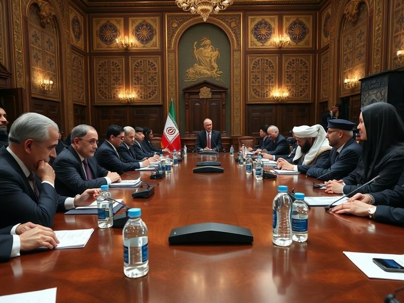 A high-level diplomatic meeting with representatives from Iran, the U.S., and European Union seated around a table, with flag