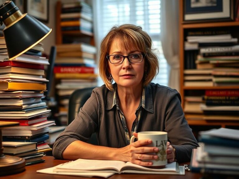 A professional portrait of Lisa Hogan in a modern office setting, dressed in business attire, with a blurred sports broadcast
