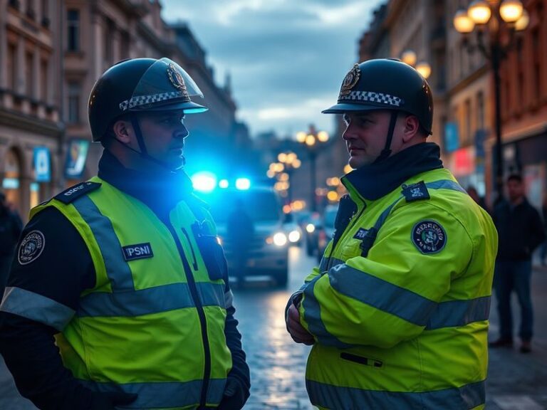 A police officer in PSNI uniform standing in a divided community setting, with peace walls and political murals in the backgr