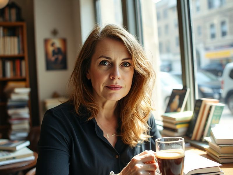 A mid-career portrait of Lisa Hogan on stage during a live comedy performance, bathed in warm stage lighting, with an express