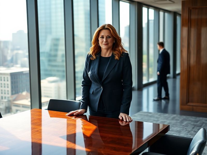 A confident Karren Brady in a professional blazer, standing in a modern office or football stadium, exuding authority and det