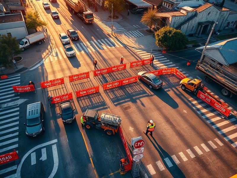A busy San Antonio street partially closed for construction, with detour signs, construction barriers, and workers in the bac