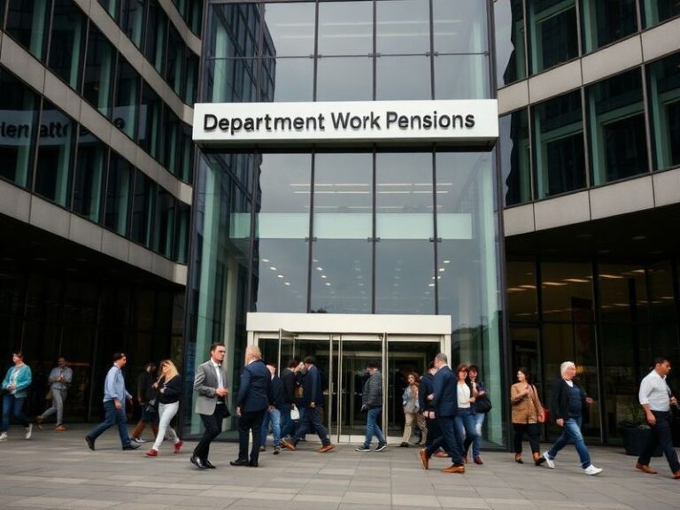 A government office building with the DWP logo, featuring claimants in a queue outside, representing bureaucracy and public s