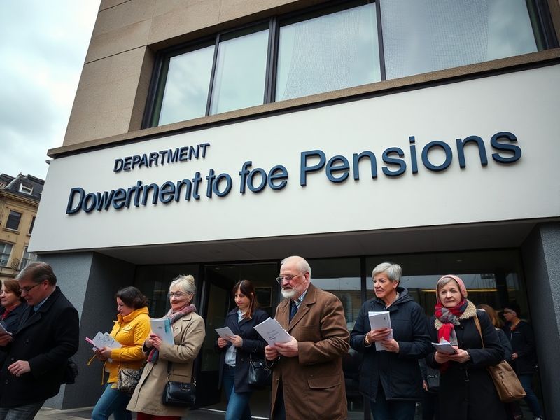 A government office building with the DWP logo on the facade, featuring a modern exterior with glass windows and a few people