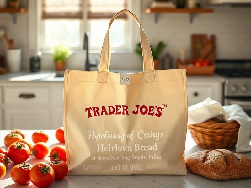 A well-lit image of the Trader Joe's vintage tote bag displayed on a wooden table, surrounded by everyday items like a reusab