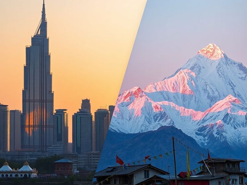A split-image visual: on the left, the futuristic skyline of Dubai with skyscrapers and artificial islands under a golden sun