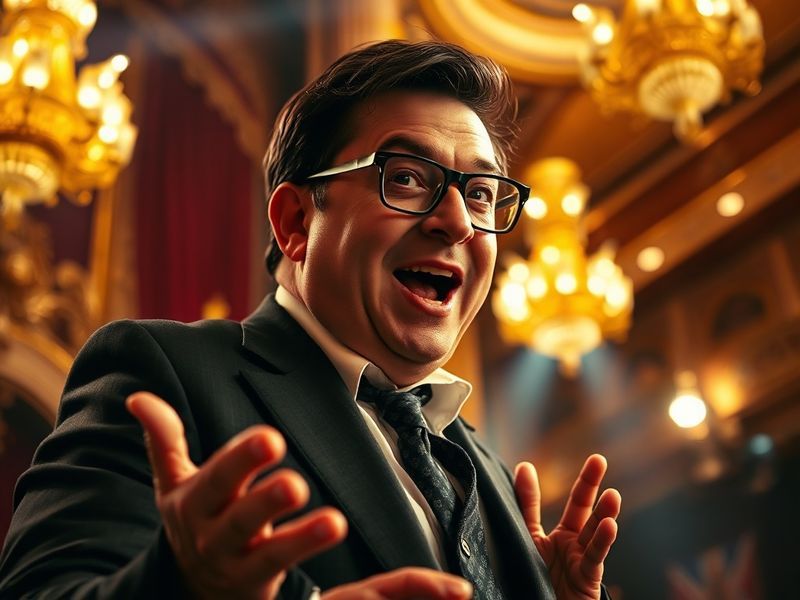 A vibrant photo of Nathan Lane on stage in a classic Broadway setting, mid-performance with a broad smile, dressed in a sharp