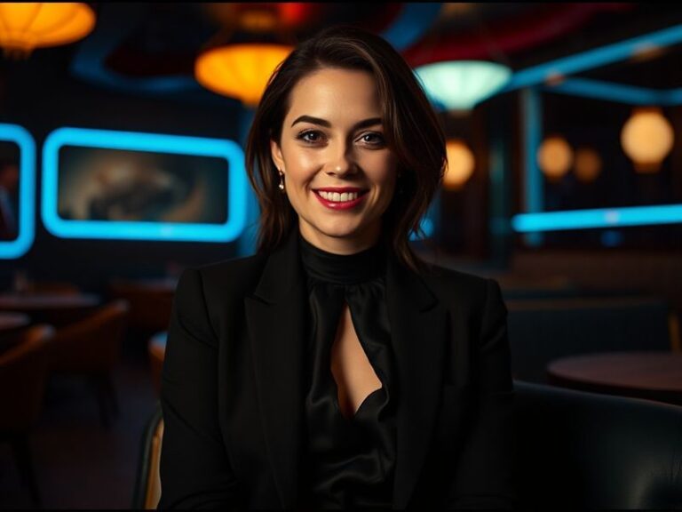 A professional portrait of Claudia Doumit in a moody, cinematic setting, wearing a stylish yet understated outfit. She is sea