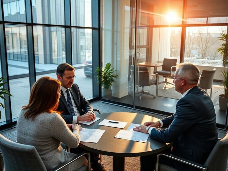 A professional law office interior with a solicitor in a suit meeting a client across a desk, bathed in warm lighting. The sc