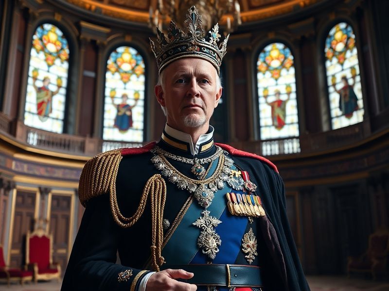 A regal portrait of King Charles III in his coronation robes, set against a backdrop of Westminster Abbey. The image captures