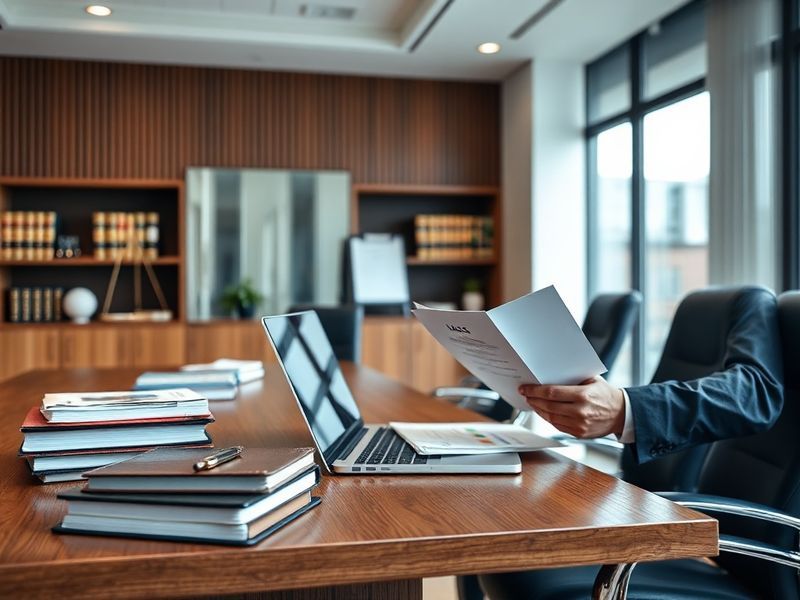 A professional solicitor in a modern law office, reviewing case documents with a client. The setting includes legal books, a