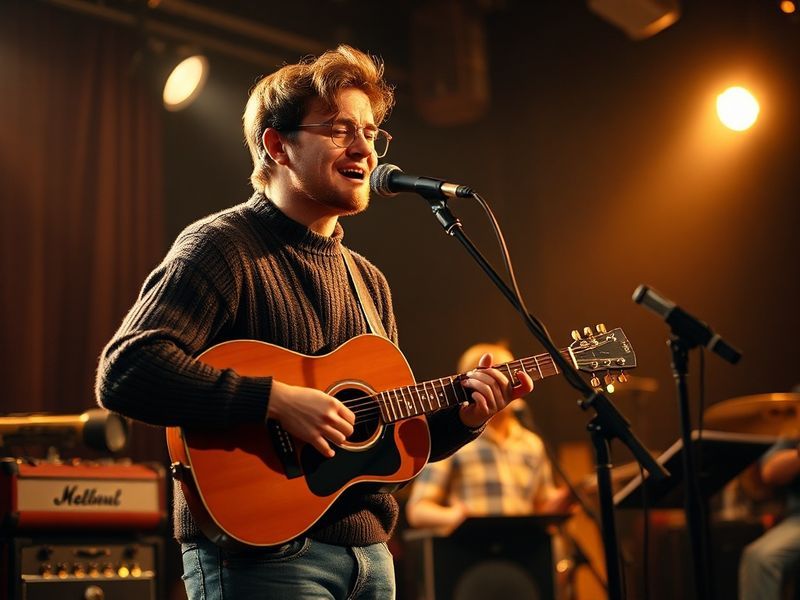 Noah Kahan performing at NPR’s Tiny Desk Concert, sitting on a stool with an acoustic guitar, wearing a casual flannel shirt
