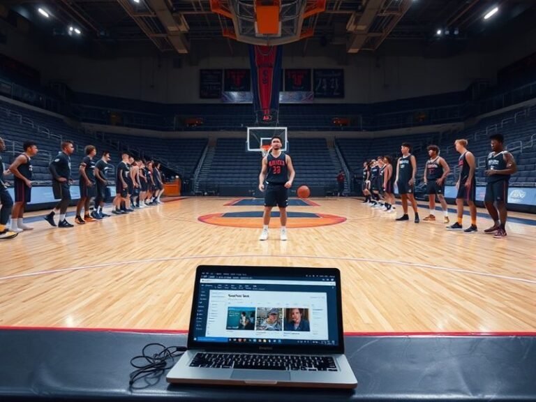 A split-screen image showing a basketball player in a portal-themed jersey on one side and a coach analyzing film on the othe