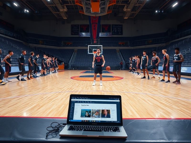 A split-screen image showing a basketball player in a portal-themed jersey on one side and a coach analyzing film on the othe