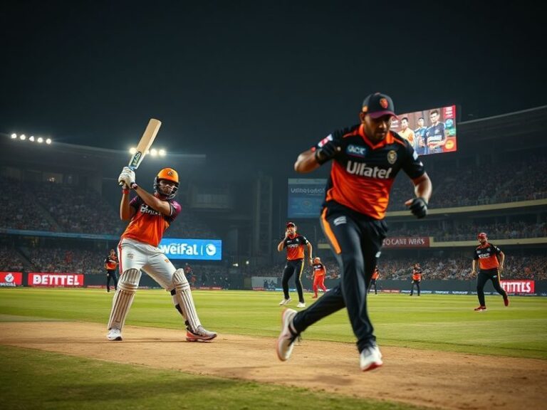 A vibrant cricket stadium at night with SRH and DC players in action, showcasing intense bowling and batting action under bri
