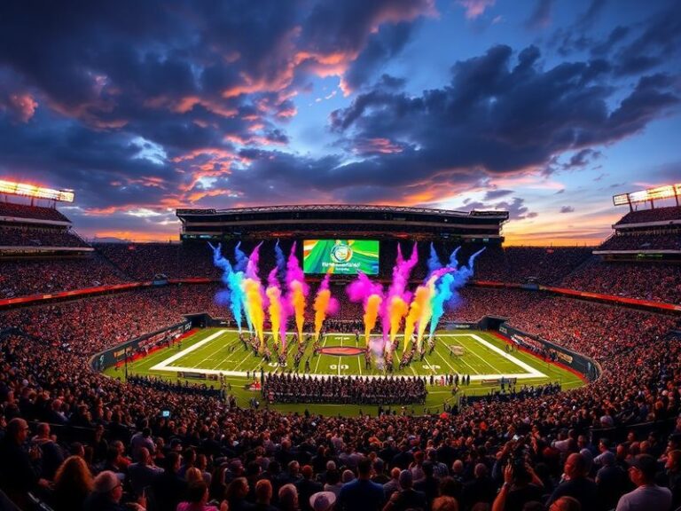 A vibrant Super Bowl halftime show featuring confetti, dancers, and a stadium packed with spectators under bright stadium lig