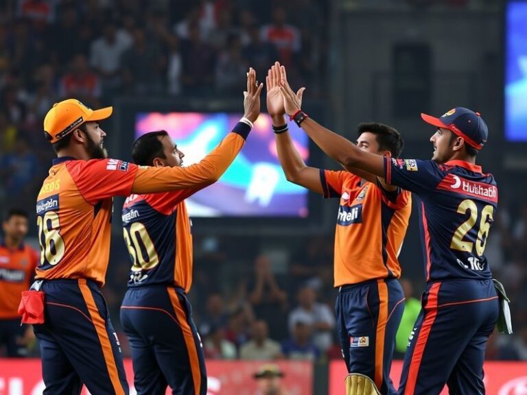 A split-screen image showing SRH and DC players in action, with SRH's bowling attack on one side and DC's power hitters on th