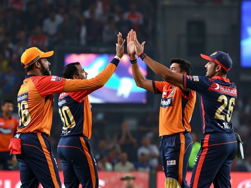 A split-screen image showing SRH and DC players in action, with SRH's bowling attack on one side and DC's power hitters on th