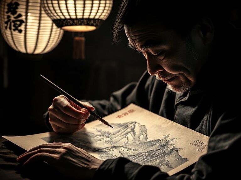 A polished stainless steel sculpture by He Guoqiang in a minimalist gallery, reflecting light and evoking traditional Chinese