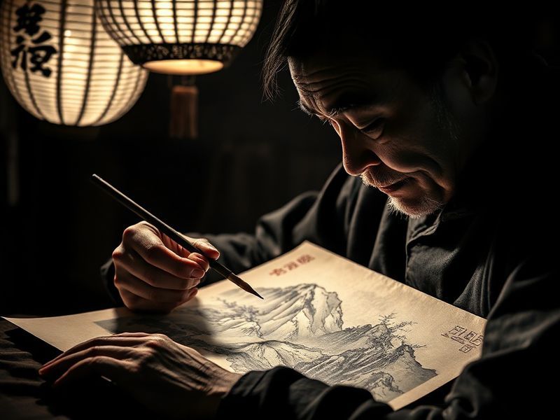 A polished stainless steel sculpture by He Guoqiang in a minimalist gallery, reflecting light and evoking traditional Chinese